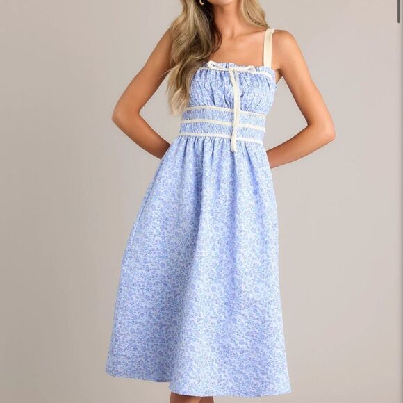 NWT Entro PETAL WALTZ BLUE FLORAL JACQUARD MIDI DRESS - Picture 1 of 7